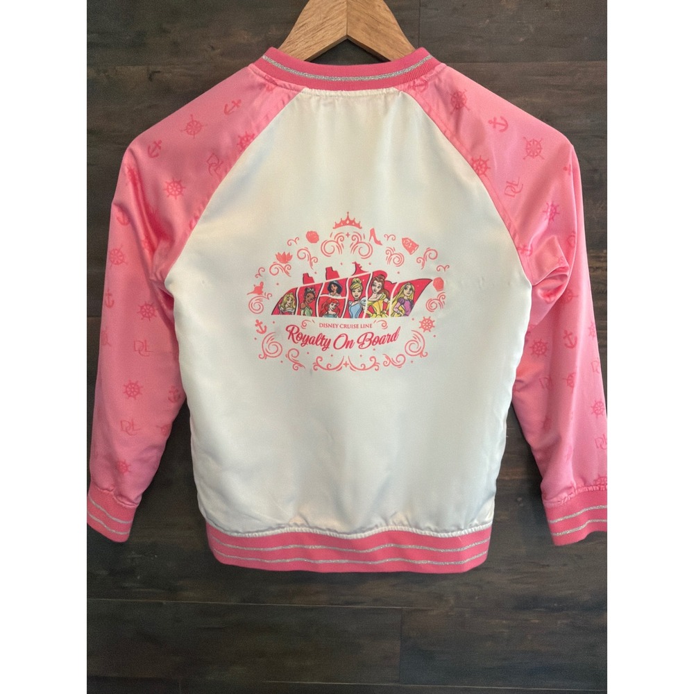 Disney Cruise Line Princess Royalty On Board Pink Satin Bomber Jacket Kids M 10A